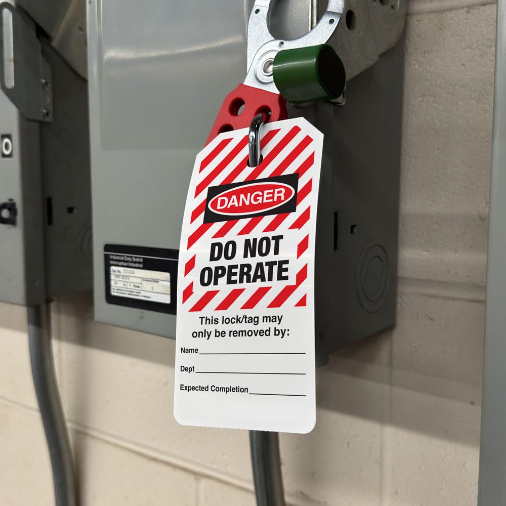 Lockout Tags auf einer Rolle, "Danger Do Not Operate" (gestreift) | strapazierfähiger DuraPly Stock | wasserdicht und reißfest | Rot/Schwarz auf Weiß | 16,25 x 7,6 x 10 mm Dicke (RT6025) (100)