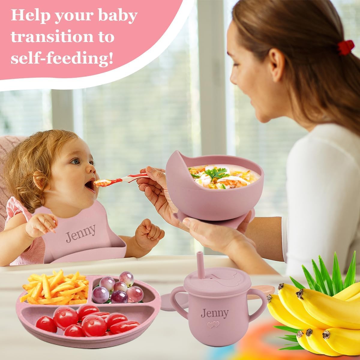 Personalized Silicone Suction Plates for Baby，Custom Toddlers Spoon and Fork, Baby Feeding Set with Name,Baby Birthday Gift for Boy & Girl (Light Pink)
