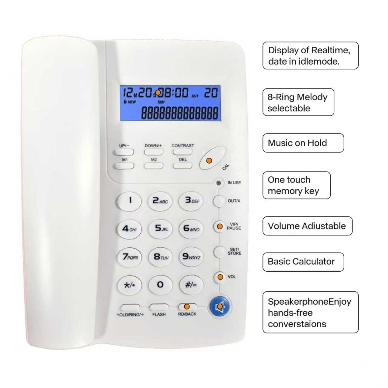 Ornin Y043 schnurgebundenes Telefon mit Lautsprecher, Anruferanzeige über LCD (Weiß) …