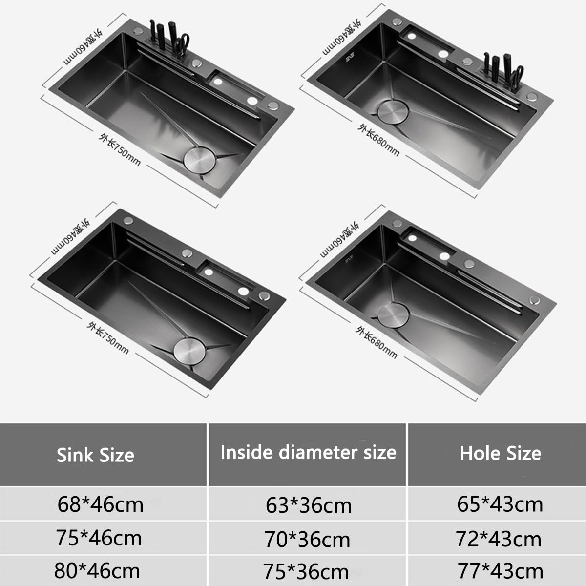 Evier Cuisine, Évier Cascade sous Plan en INOX 304 Noir Autoportant, Evier Simple Multifonction avec Panier Vidange et Robinet pour Bar Cuisine de Préparation de Poste Travail(80 * 46cm)