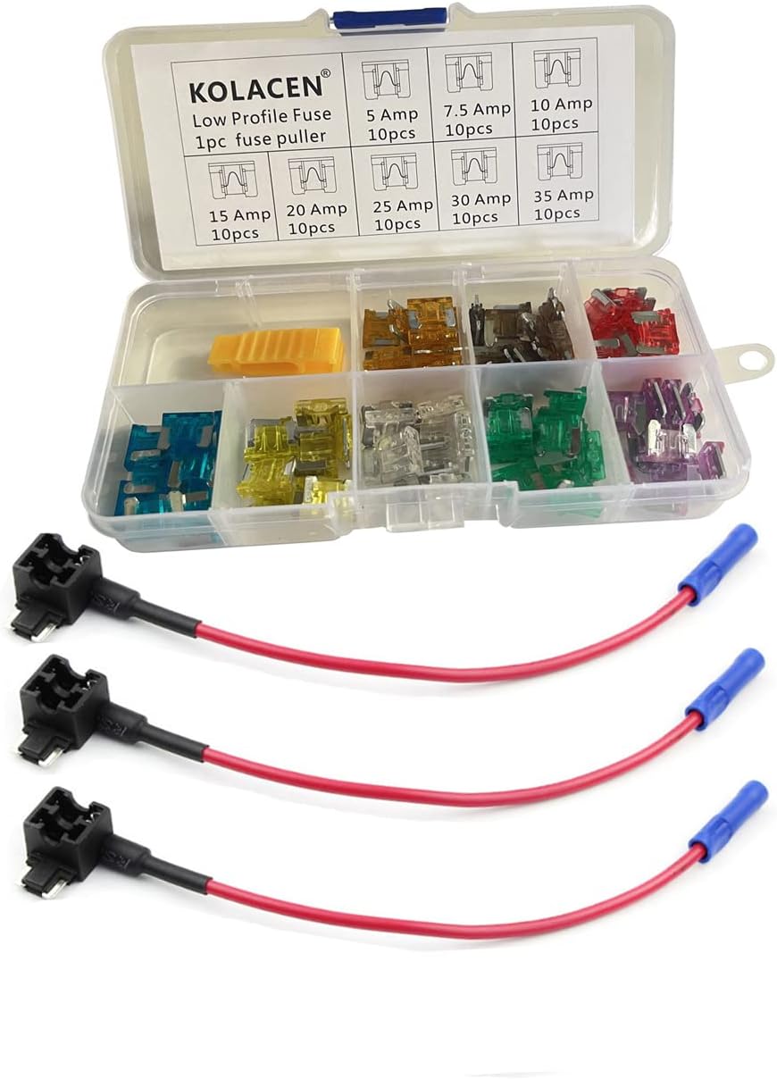 KOLACEN Automotive Car Truck Low-profile Mini Blade Type Fuse Assorted Kit 81 Pieces + 3 Pieces 16 Gauge Add-a-circuit Low Profile Mini Fuse TAP Adapter