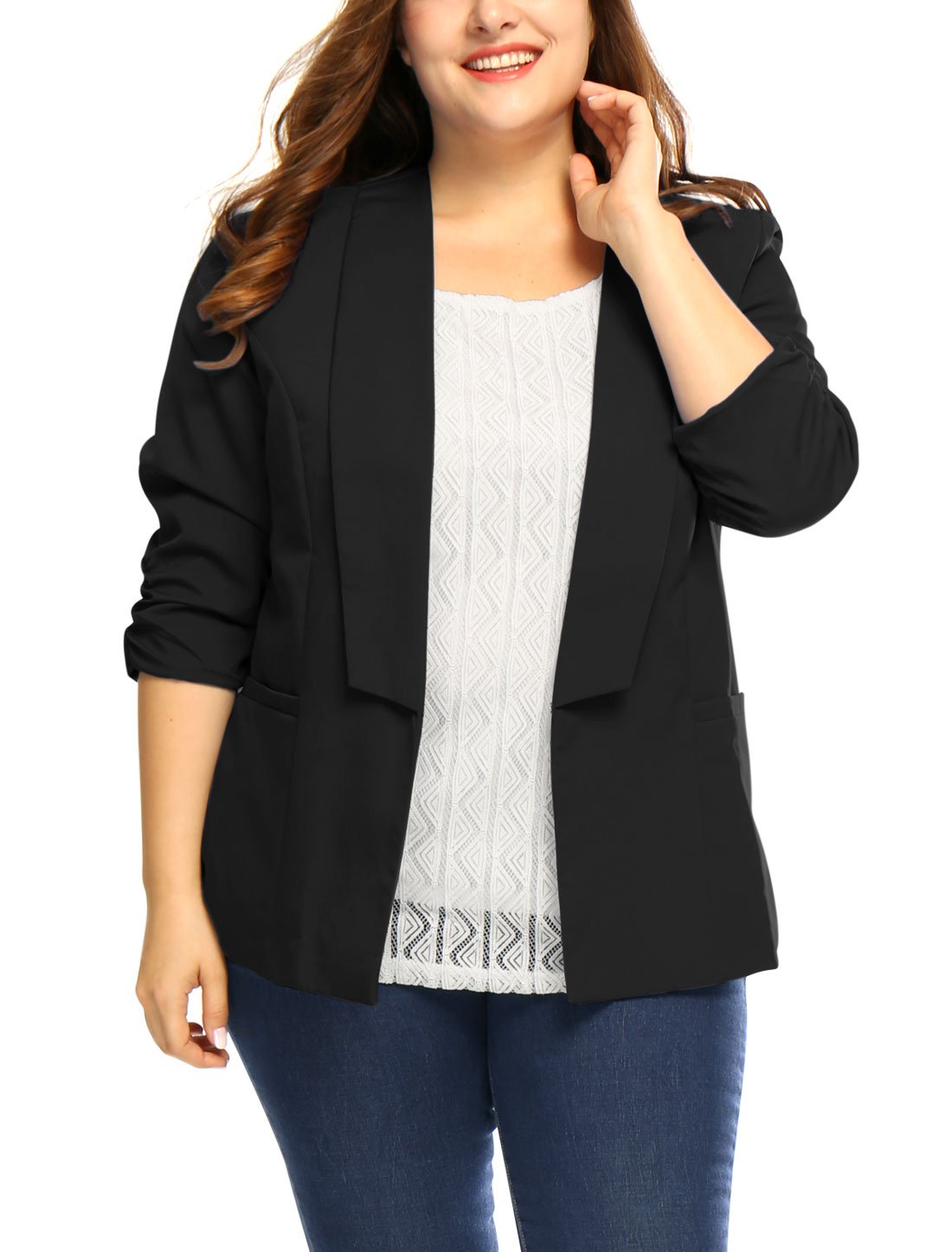 uxcell Womens Plus Size Blazers Shawl Collar Open Front 3 4 Ruched Sleeve Work Office Lightweight Blazers