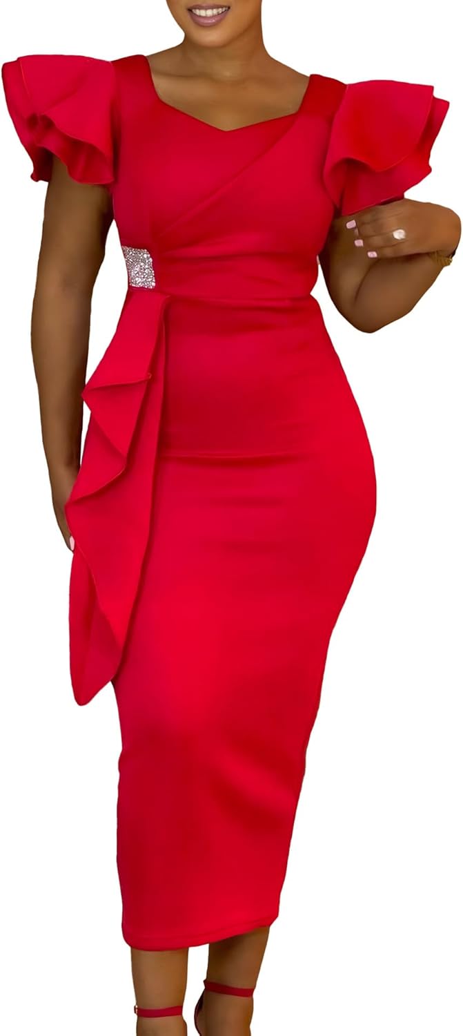 Elegant Ruffle Party Dress for Women Solid Ruffled Sleeve Irregular Bodycon Evening Work Midi Wedding Dresses