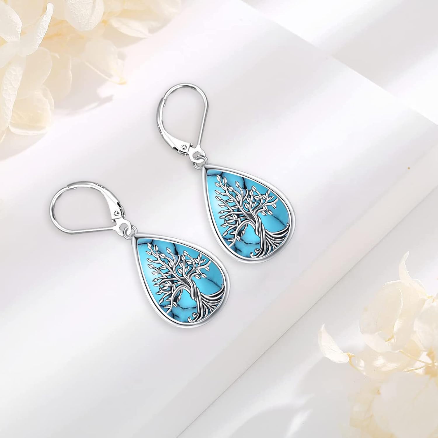 Sterling Silver Tree of Life/Flower/Bee/Animals/Cat/Hummingbird Dangle Earrings Moonstone Turquoise Drop Leverback Earrings Jewelry Gifts - Image 3