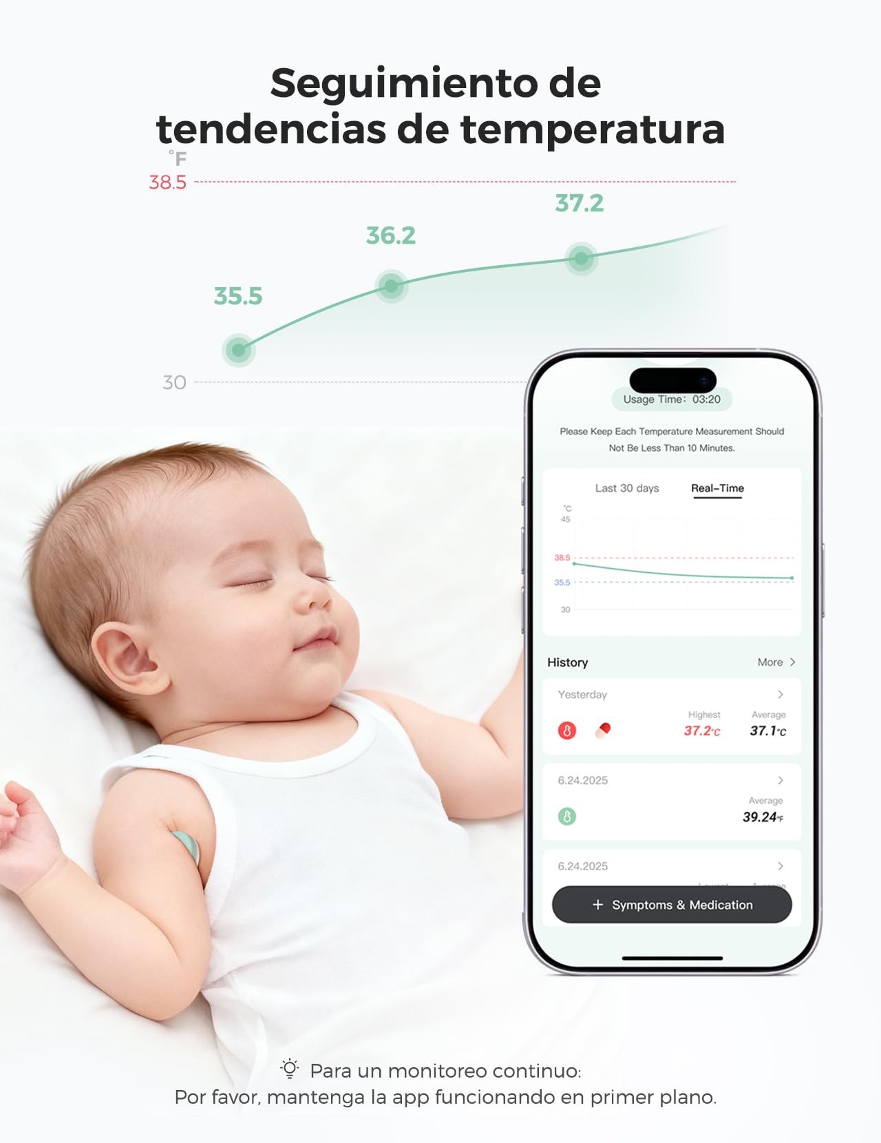 Momcozy Termometro Digital Bebe con Precisión de Grado Médico, Termometro Inteligente Bebe con Lectura Instantánea, Monitoreo en Tiempo Real vía App para Bebés y Niños, Parche Hipoalergénico 3M