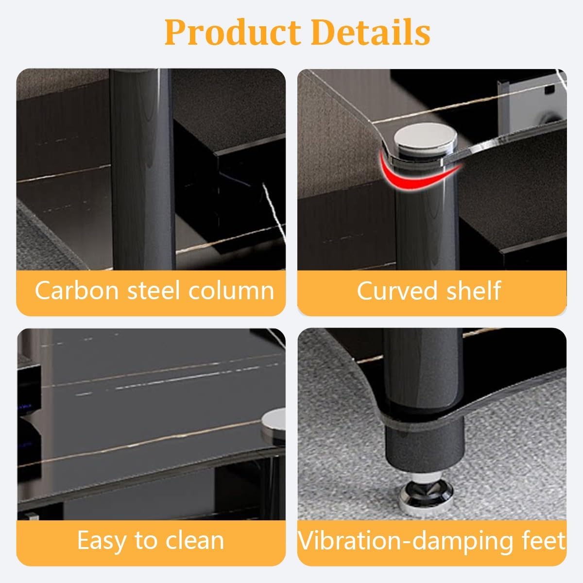 4-Tier AV Media Stand with Tempered Glass Shelves & Sturdy Metal Legs, Entertainment Tower for Living Room, Gaming Consoles, Home Theater Furniture (Black)