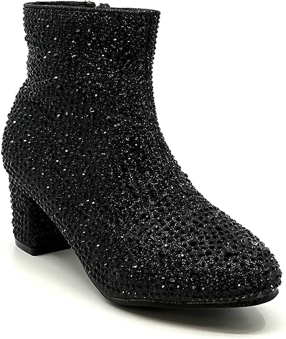 Forever Girls Rhinestone Boots Kids Low Heel Dress Booties Iceberg-12K Shoes Black Rhinestone 11
