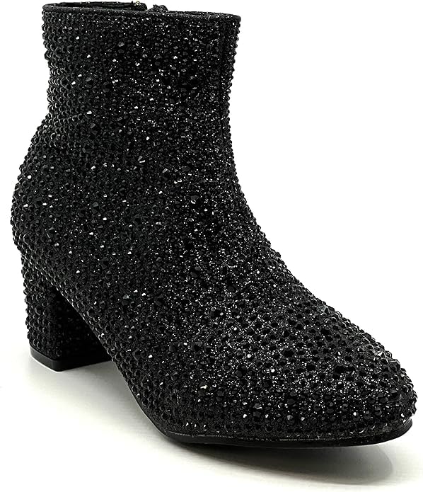 Forever Girls Rhinestone Boots Kids Low Heel Dress Booties Iceberg-12K Shoes Black Rhinestone 12