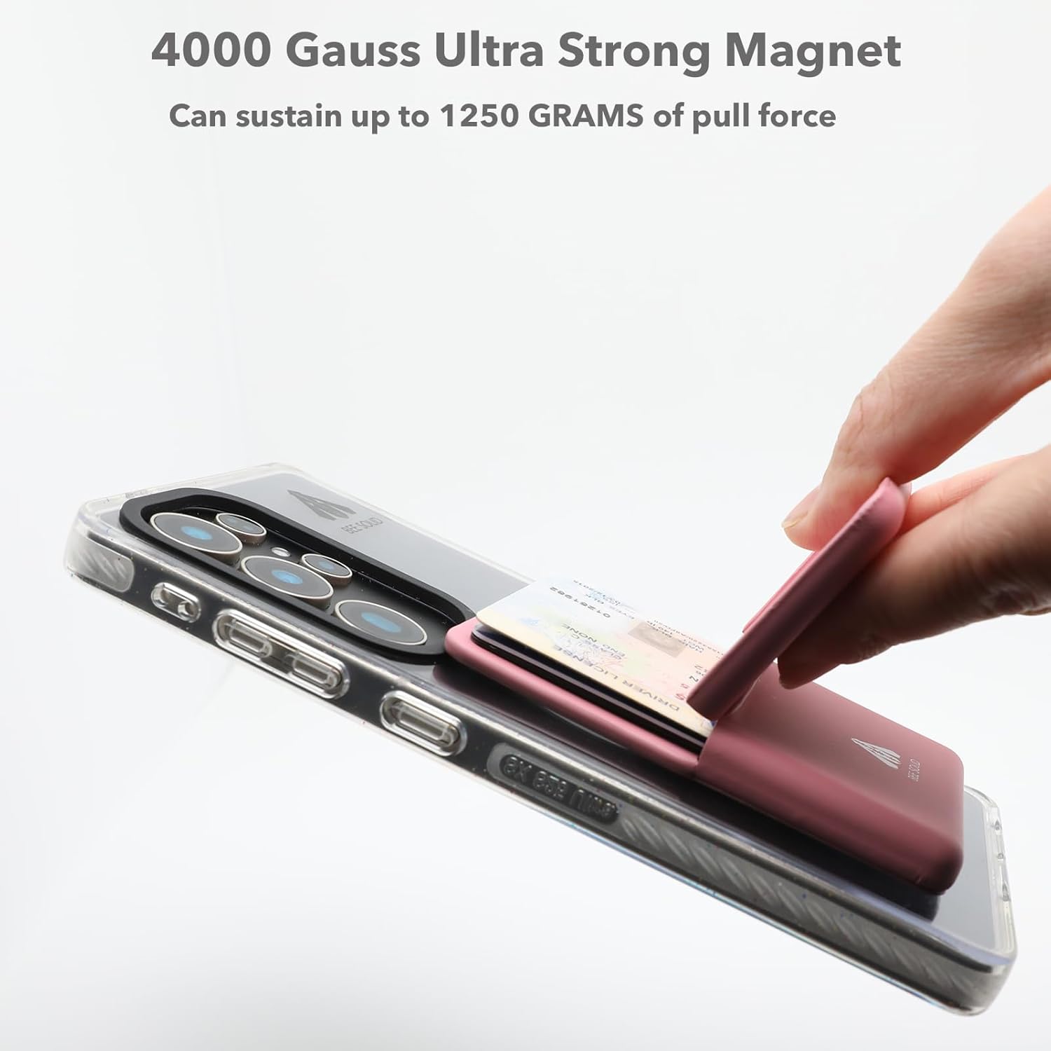 Magnetic Card Holder for iPhone, Samsung, Google, 4000-Gauss Strong Magnetic Wallet with Phone Stand, SUSJ Steel and PU Leather, 3-Card Capacity with RFID Blocking (Pink)