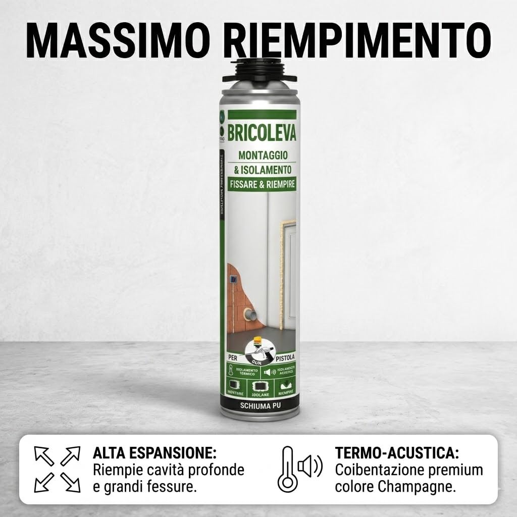 BRICOLEVA Set 12 Schiuma Poliuretanica per Pistola da 750 ml - Isolamento Termico e Acustico, Alta Espansione Colore Champagne - Sigillante Poliuretano Espanso per Riempimento Fessure (12 Pezzi)