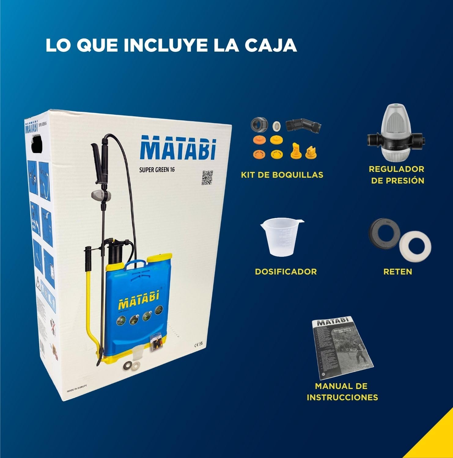 Matabi Super Green 16- Pulverizador 16L -Lanza de Fibra Vidrio y 4Boquillas | Sulfatadora Manual con Regulador de Presión y Manguera de 1,3m - Mochila Fumigar con Mezclador y Dosificador