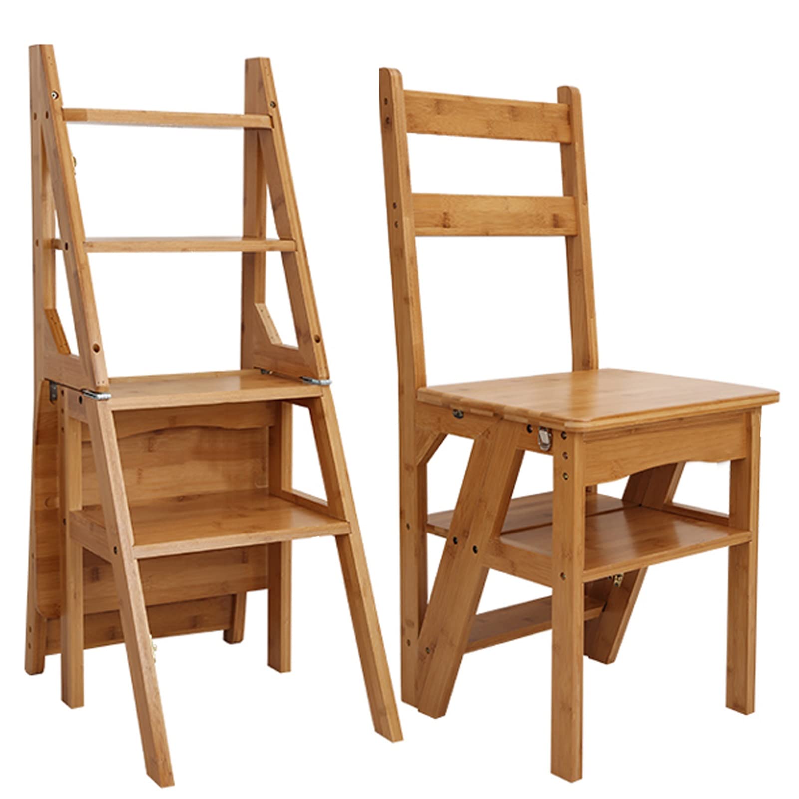 Tabouret échelle pliant en bois noble, étagère et support 4 marches