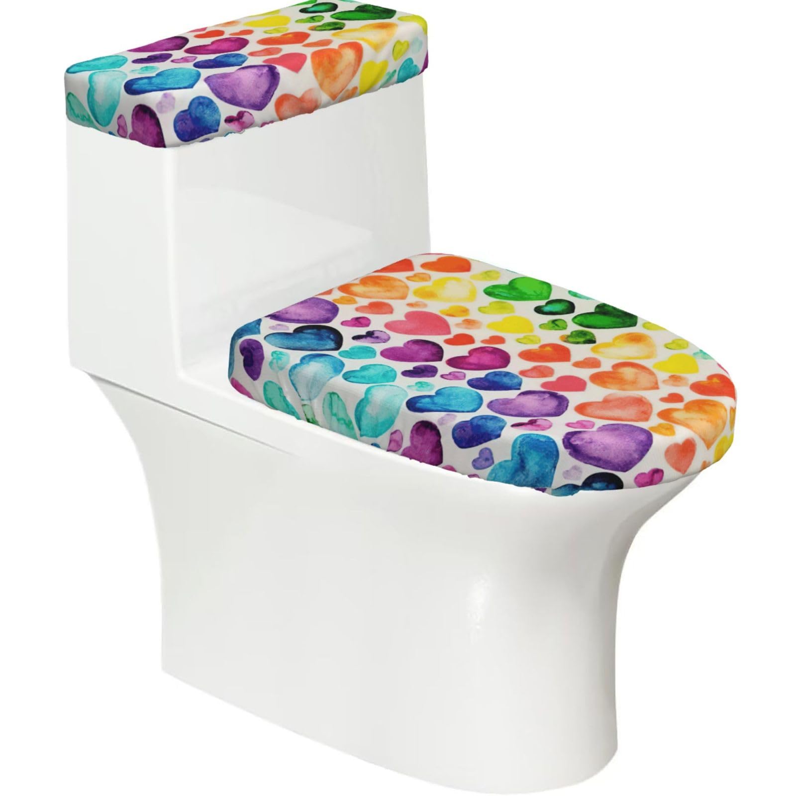 Rainbow Hearts Print Stretch Toilet Covers Set, Polyester Covers Replacement For Fits Most Size Lids Bathroom Decor