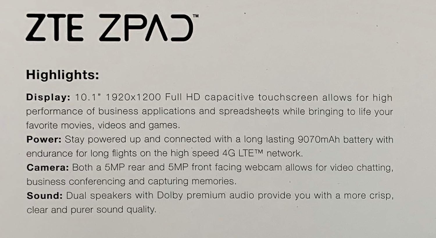 ZTE ZPad 10 Inch Tablet 1920 X 1200 Full HD Screen Dolby Audio