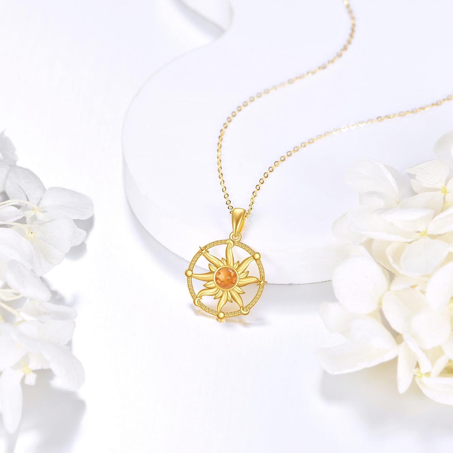 DOVRAN 14K Gold Sun Moon Star Necklace for Women Solid Gold Amber Sun Jewelry Gifts for Her