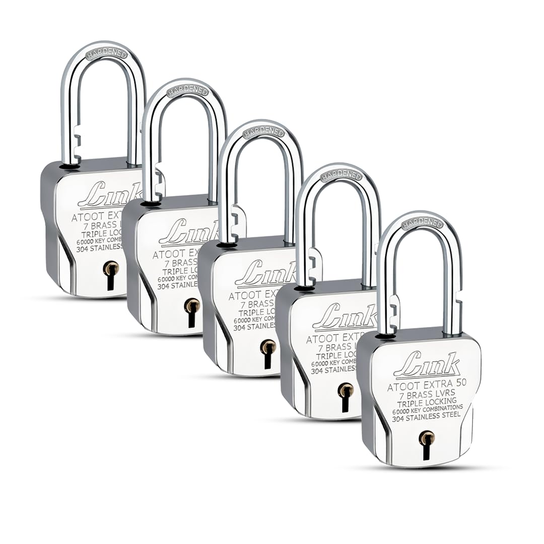 Link Atoot Extra 50mm Lock 5Pcs Set | 60000 Key Combinations | 304 Stainless Steel Body | Hardened Shackle | Made in India | 3 Silver Keys with Keychain | 3Kyes for Each Lock-picture-12