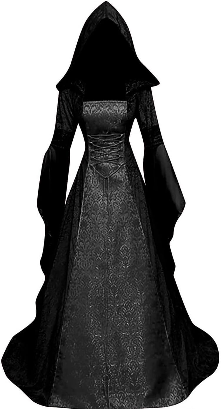 Ladies Halloween Witch Dress Retro Medieval Flared Sleeve Victorian Hooded Halloween Party Cosplay Costume