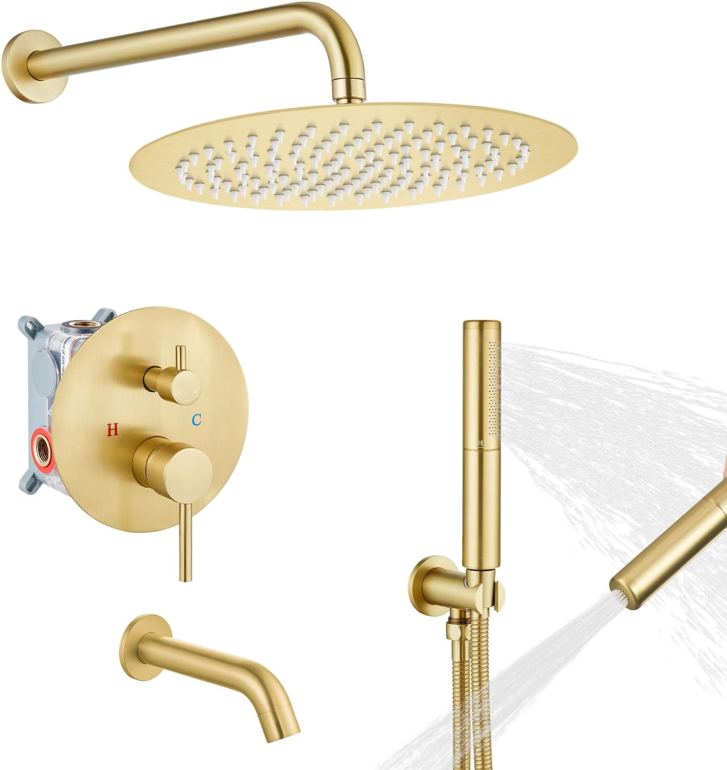 Round Shower System Set with Tub Spout,Wall Mount 3 Function Rain Shower Faucet Set,2 Functions Handheld Shower Tub Spout Tub Shower Combo Set Fixtures 12 Inches Shower Head Brushed Gold
