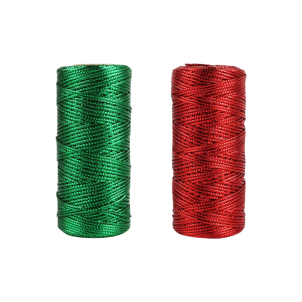 Hugede Red Green 2 Rolls 100M Christmas Metallic Threads Jewelry Thread Strings Craft Making Twines Present Wrapping Cords Ornament Hanging Ropes