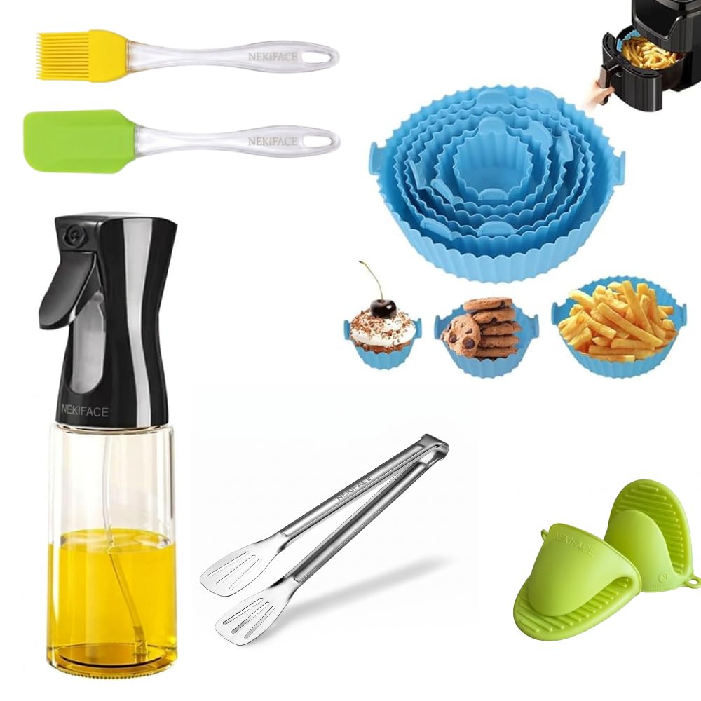 Air Fryer Accessories Set, 6 Pcs Silicone Liners, Oil Sprayer Bottle, Basting Brush, Spatula, Tongs &Oven Gloves(Mini Mitts) - Multi Color-image-39