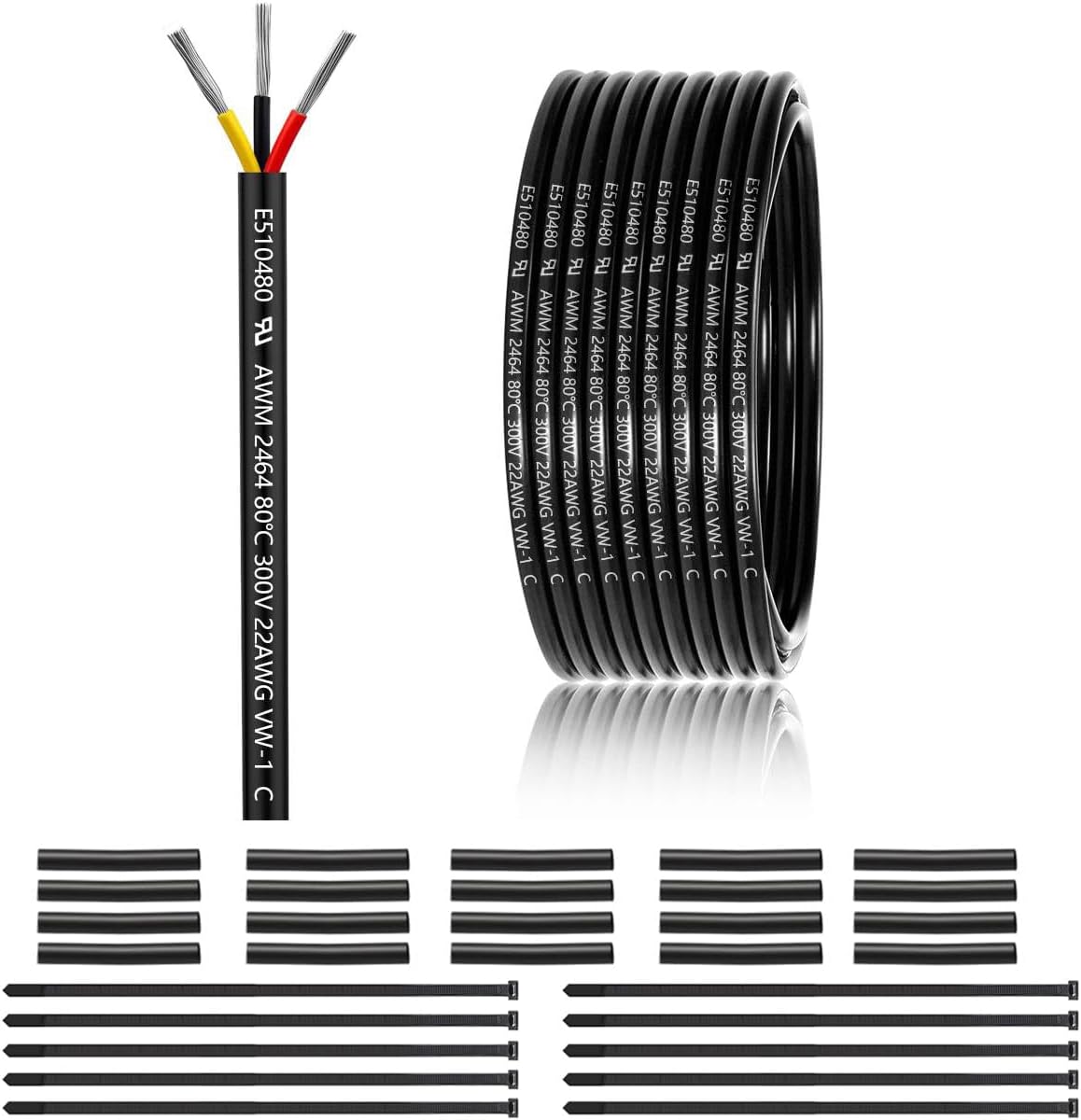 22 Gauge 3 Conductor Electrical Wire 50FT, UL 2464 22 AWG 3 Wire Cable Tinned Copper PVC Stranded 22/3 Core Wire for LED Lighting, Outdoor Low Voltage Extension Cable, Automotive etc.