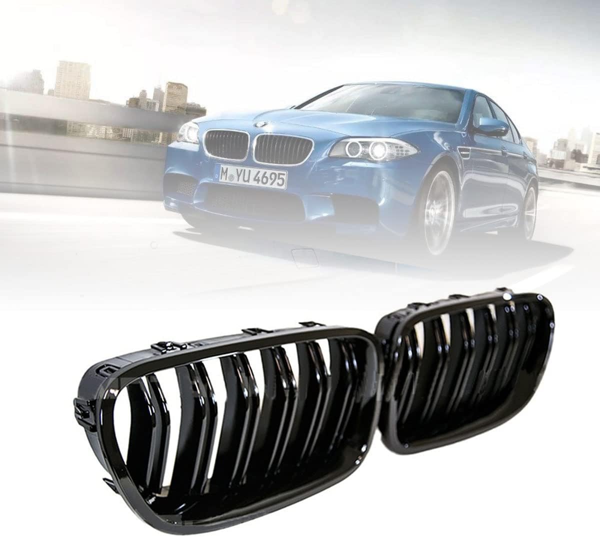 Front Kidney Grille Grill, ZAYMDO 1 Pair Gloss Black Dual Slat Front Kidney Bumper Grill Replacement for BMW 5 Series F10 F11 F18 520 523 525 530