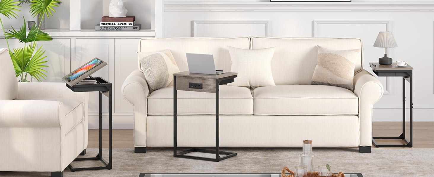sthmec C Shaped End Tables with Charging Station, 45° Tiltable Adjustable Flip Top Side Table with Storage,Small C Table for Small Spaces,Slide Under Couch Sofa Bedside Tables for Living Room, Grey