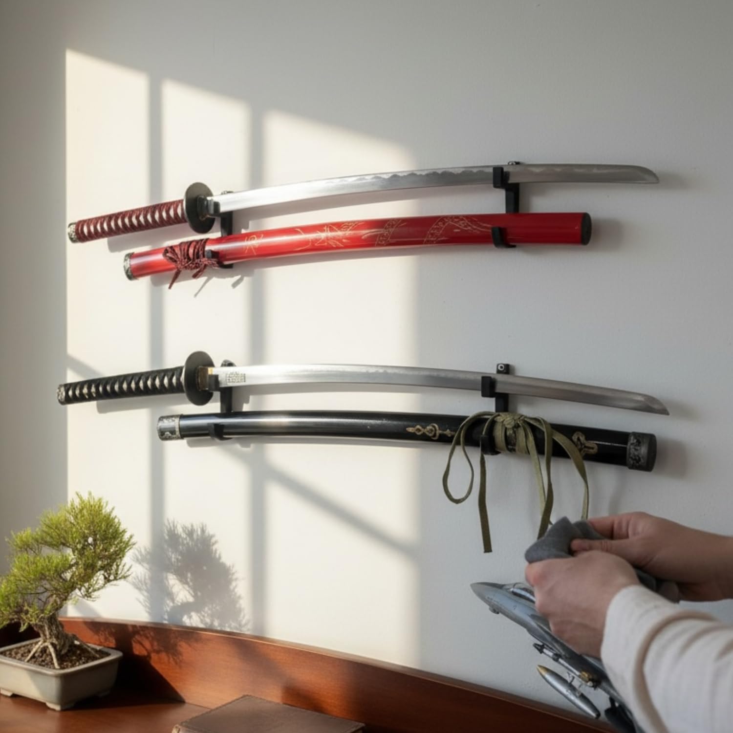 Sanchi Homes | Double Rack Katana holder Wall Mount | Traditional Japanese Style | Dual Slots for Sword & Saya for Samurai, Anime & Decorative Swords | Easy Installation | Bioplastic (1 Pair)