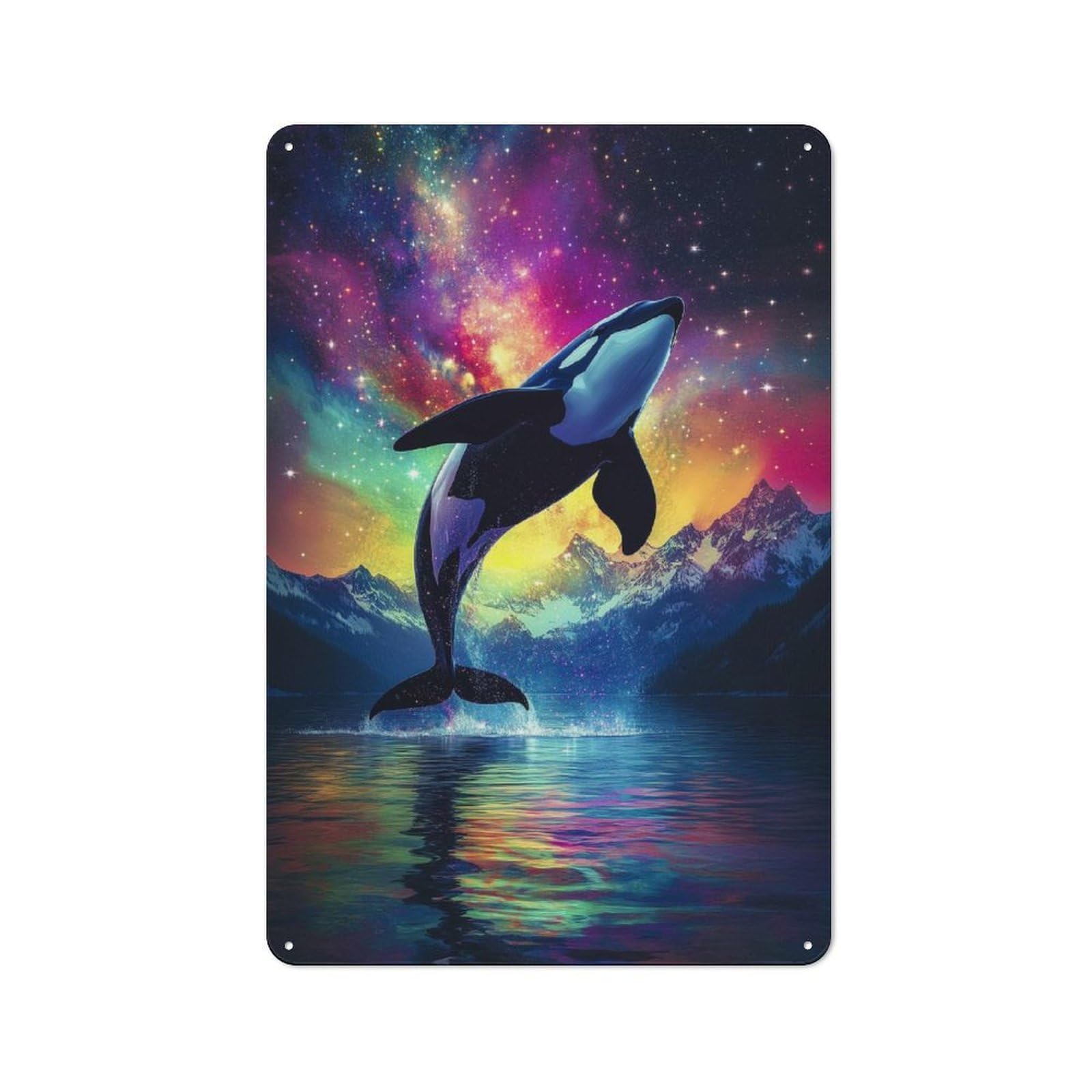 Orca Whale Leaping in Cosmic Waters Vintage Metal Wall Decor 30x20cm, Vintage Tin Sign for Bedroom, Office, Home Bar Or Dining Room