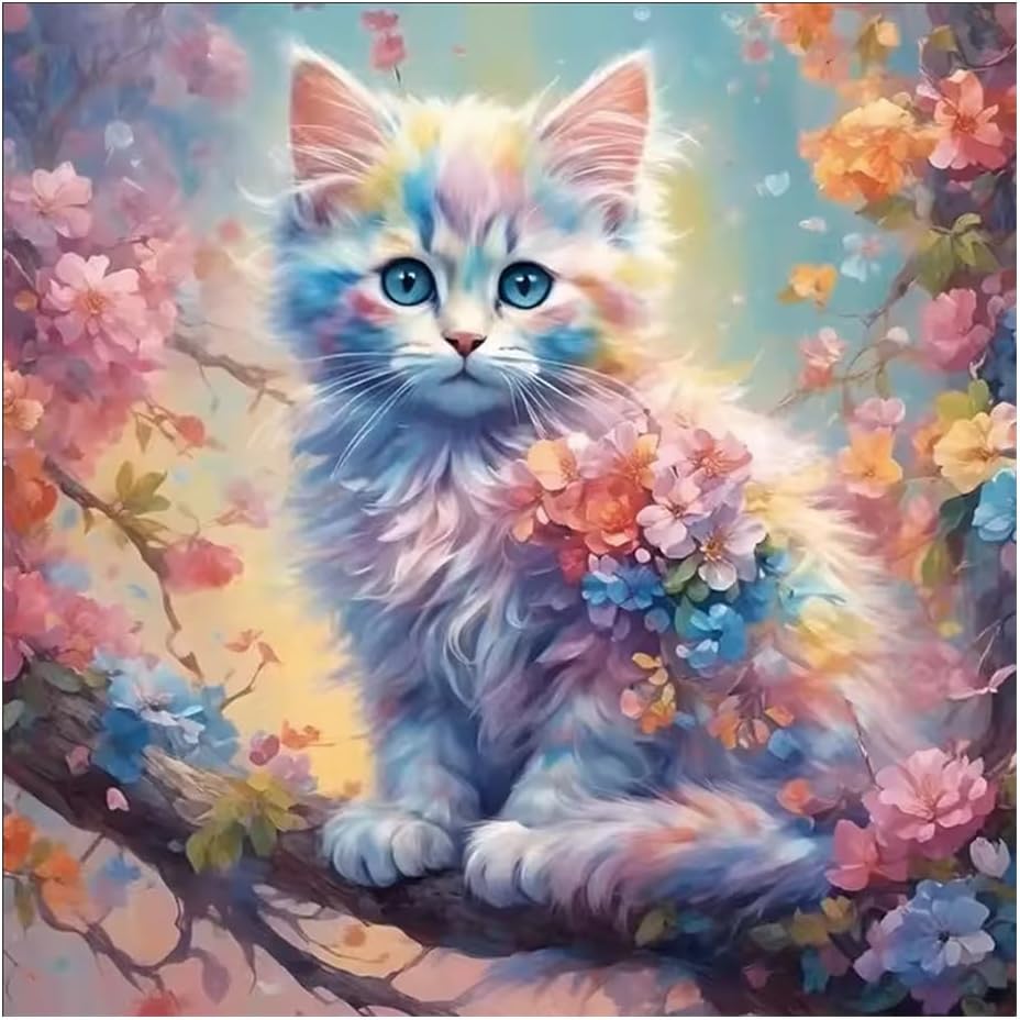 Kulvci Diamond Painting Kits for Adults, Cat Diamond Art Kits for Beginners, DIY 5D Diamond Painting with Round Gem Art Kits for Gift Home Wall Decor 12x12inch