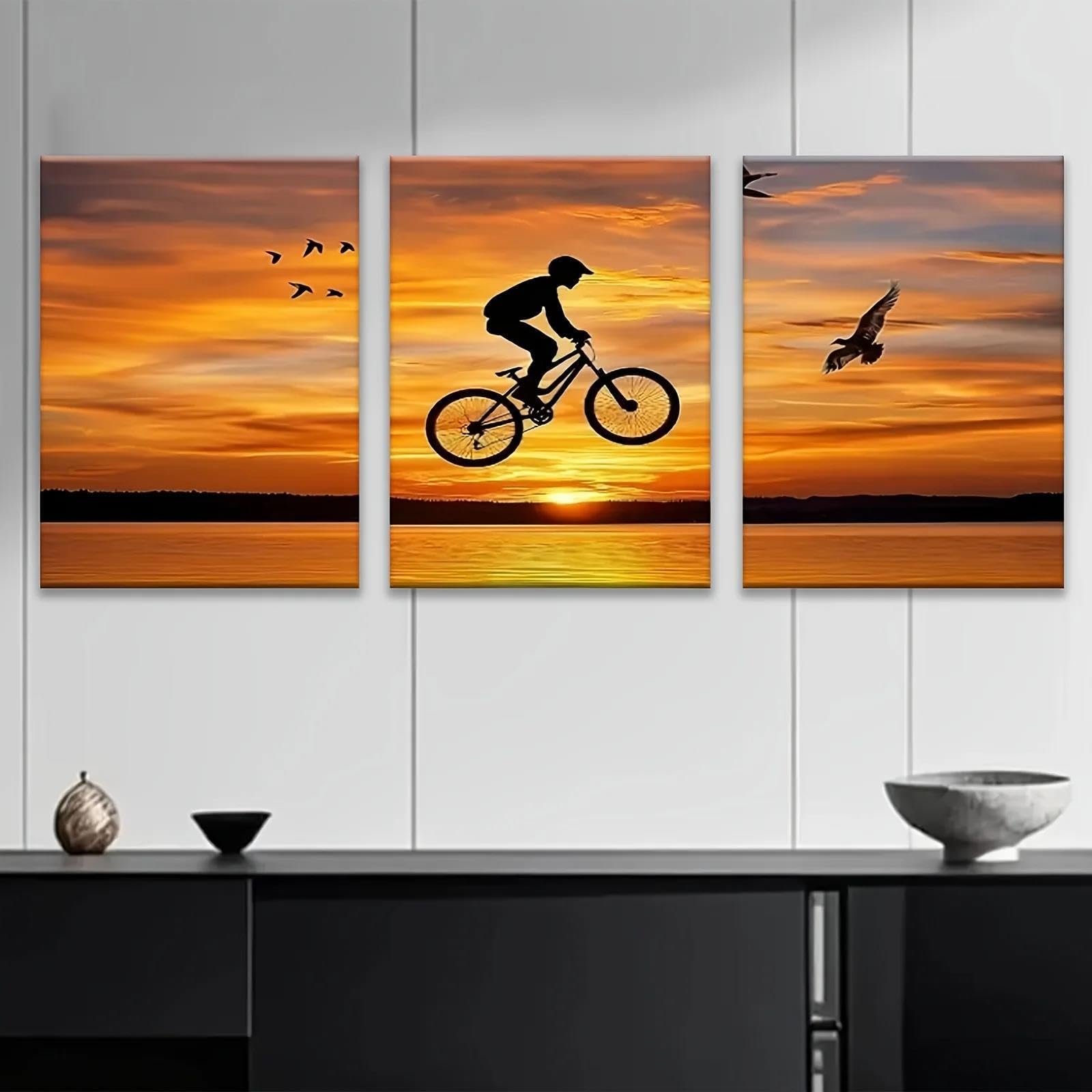 Yocheng 2D Flat Featuring A Three-Piece Bike Silhouette Against A Vibrant Orange-Yellow Sunset. This Oil Canvas Wrap 60x80cmx3 No Frame