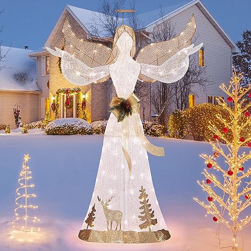 Tangkula 5 FT Lighted Christmas Angel, Xmas Yard Pre-lit 3D Glittered Angel