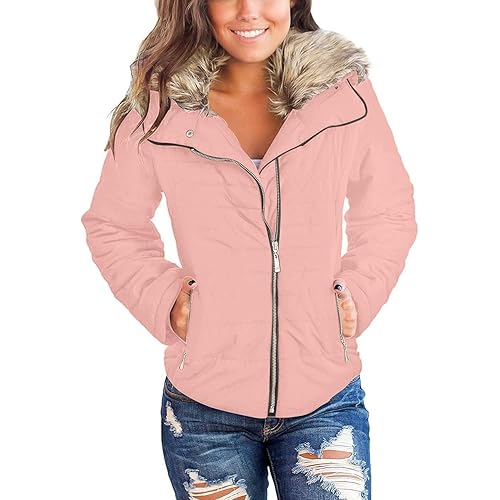 Vetinee Women Casual Faux Fur Lapel Zip Pockets Quilted Parka Jacket Puffer Coat