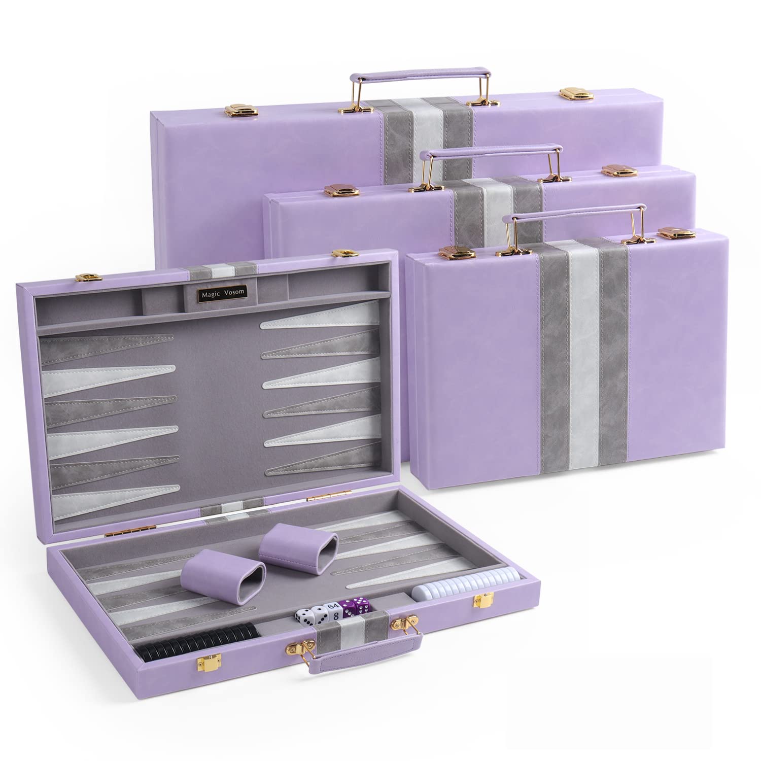 Magic Vosom Travel Large 18 Inch Backgammon Set Classic Board Game Travel with Leather Make Board Gift Package, Portable Travel Strategy Backgammon Game Set for Adults, Kids (Purple, Large)