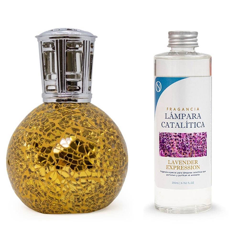 Pack Ahorro Lámpara Catalítica Mosaico Dorado + Fragancia Aroma Lavender 500ml. Elimina malos olores e impurezas, perfuma y limpia.