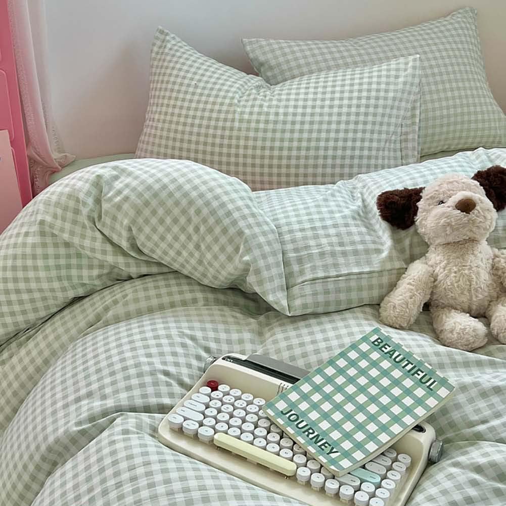 Nayoroom Green Gingham Duvet Cover Full Size Plaid Dorm Bedding Set 3 Pieces Grid Checkered Duvet Cover with 2 Pillowcases, Soft Breathable Washed Microfiber