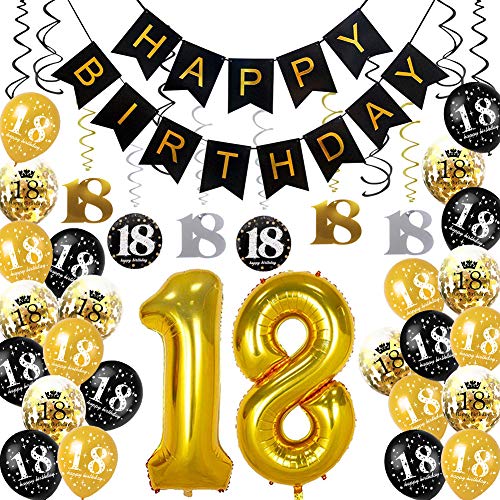 HankRobot 18th Birthday Decorations Party Supplies（42pack） Gold Number Balloon 18 Happy Birthday Banner Latex Balloons(Black, Golden) Confetti Balloons -Great for 18 Eighteen Years Old Birthday Party