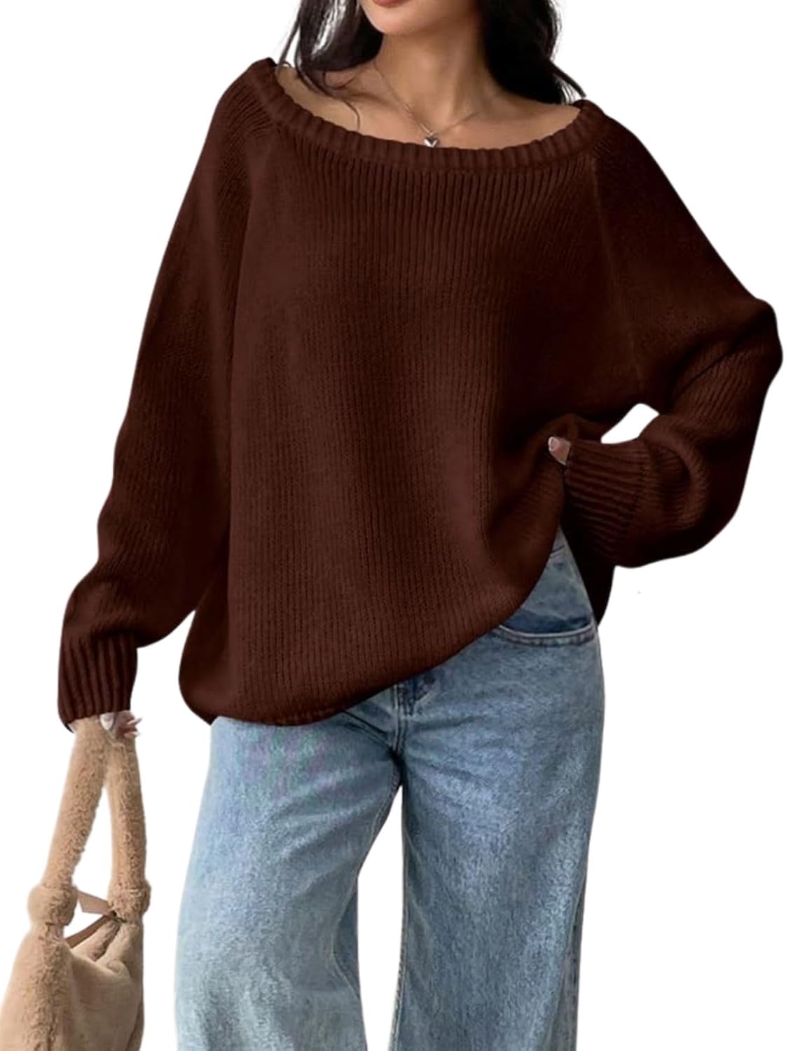 Verdusa Women's Off The Shoulder Sweater Casual Oversized Fall Sweaters Pullover Knit Tops