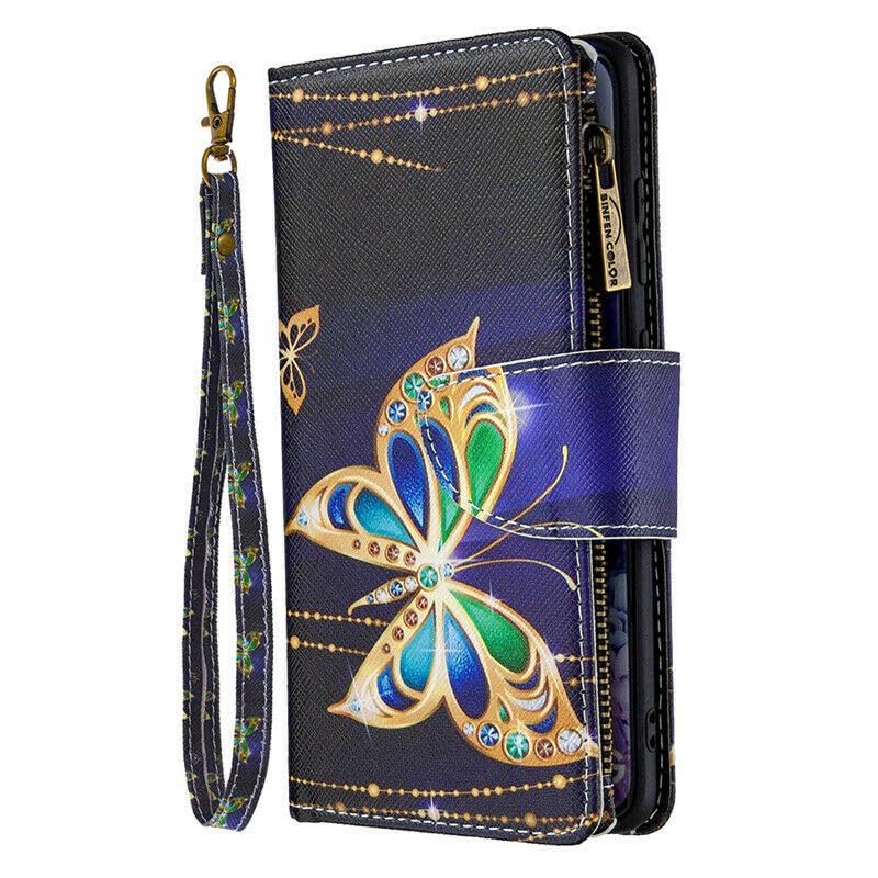 Étui Samsung Galaxy S21 FE avec fermeture éclair et rabat cuir papillon doré