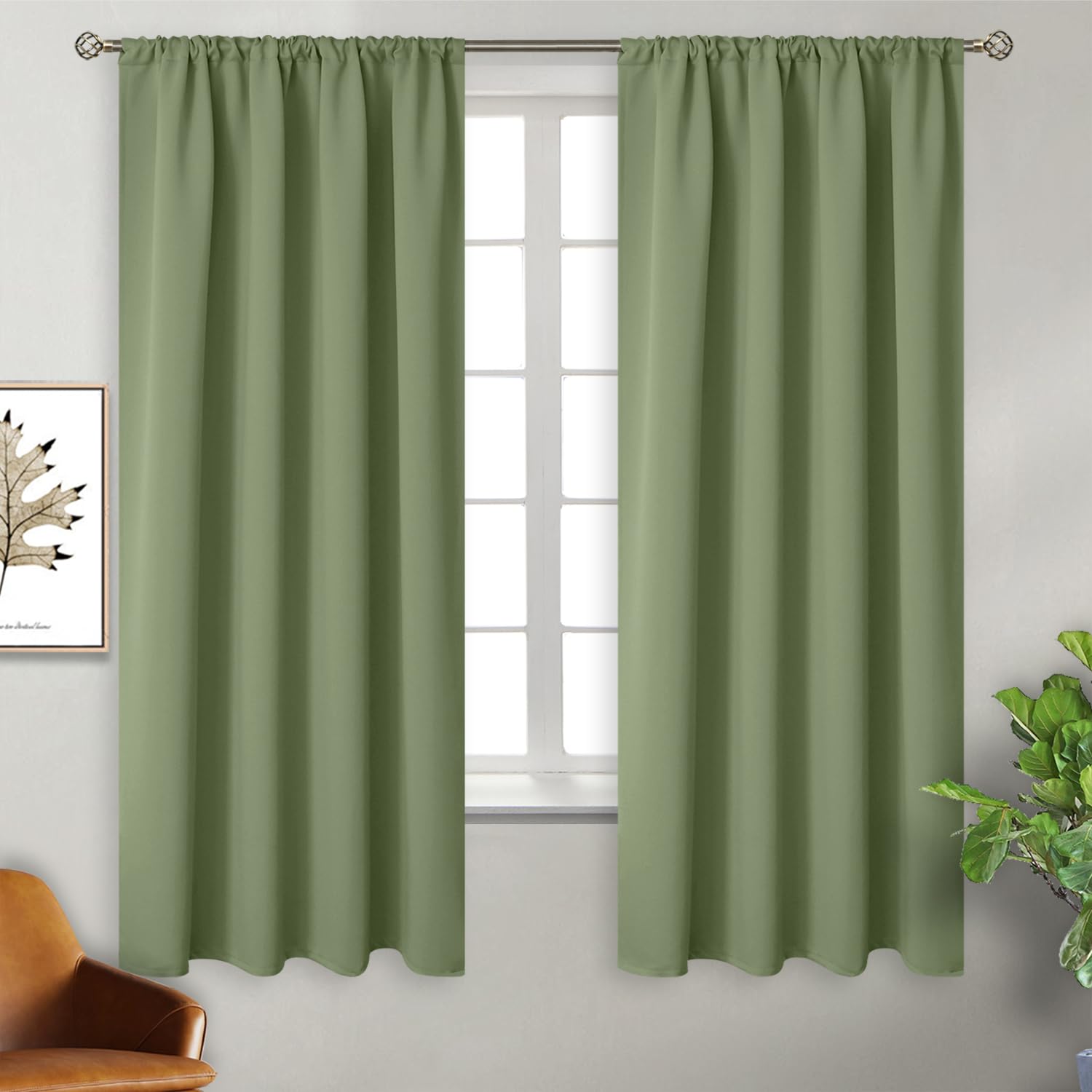 BGment Olive Green Blackout Curtains 63 Inch Length for Bedroom - Rod Pocket Thermal Insulated Room Darkening Drapes for Living Room Office, 52 x 63 Inch, 2 Panels — image 1