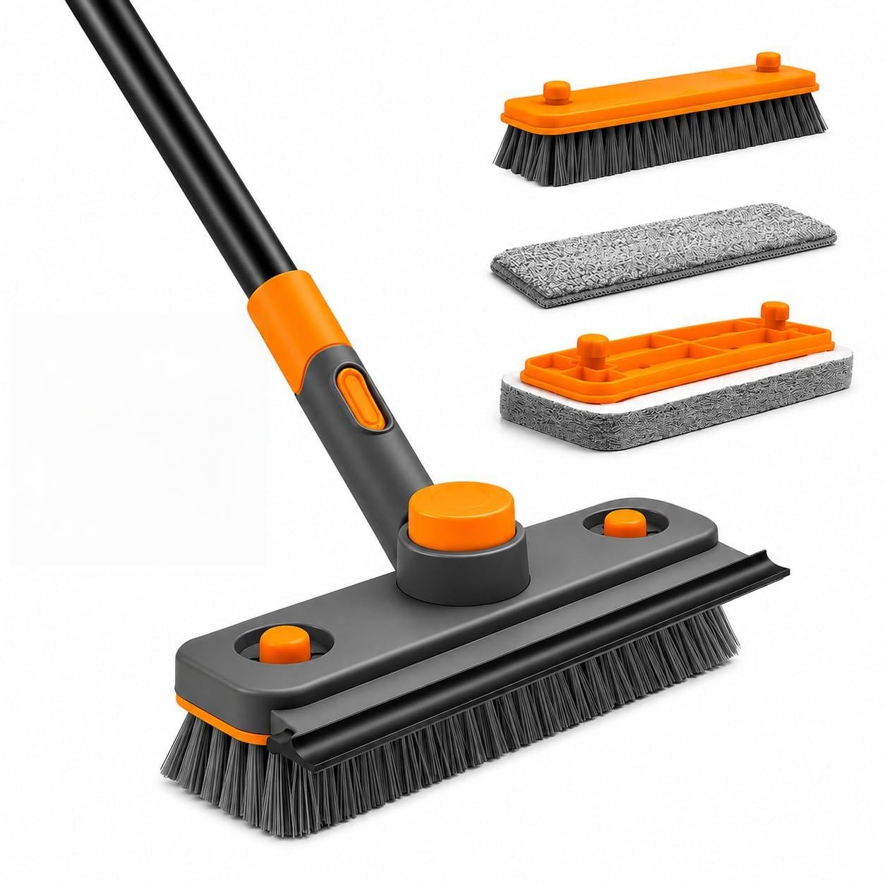 4 in 1 Long Handle Bathroom Floor Cleaning Brush with Wiper 360° Rotating Brush with 3 Interchangeable Heads - Hard Bristle Brush, Scouring Pad & Microfiber Mop for Bathroom, Kitchen, Tiles & Walls-image-28