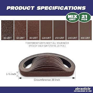 21 Pcs 1-1/2 x 30 Inch Assorted Aluminum Oxide Sanding Belt - 40/60/80/120/150/240/400 Grit