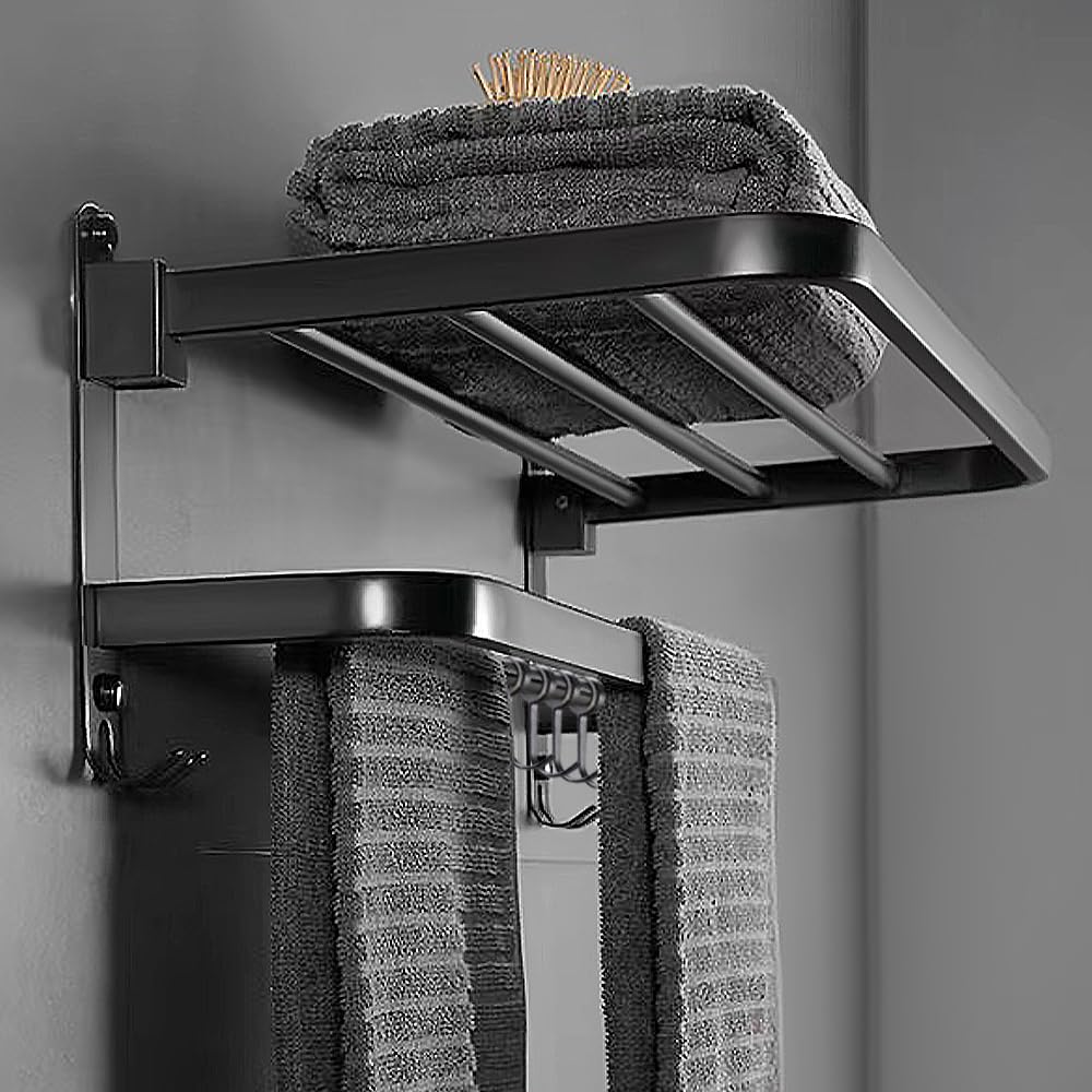 HONPHIER Towel Holder, 2-Tier Foldable Stainless Steel Towel Rack with 9 Hooks, Bathroom Kitchen Hotel Towel Shelves, Black (19-Inch)