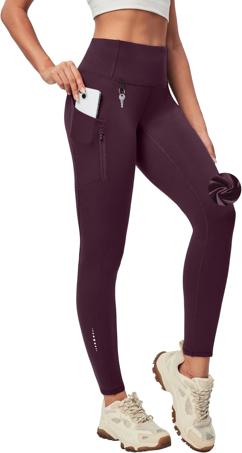 Heathyoga Fleece Lined Leggings Women with Pockets Water Resistant Thermal Leggings Winter Warm Yoga Pants Hiking Running