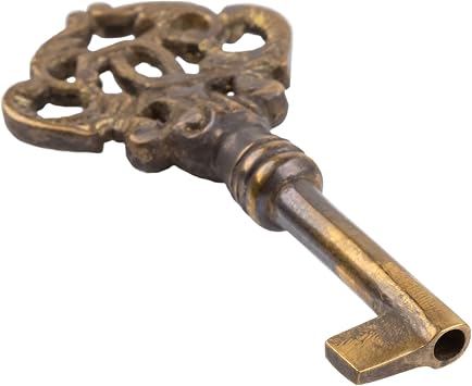 Hand Aged Solid Brass Antique Skeleton Key - Hollow Barrel Fancy Key for Cabinet Doors, Grandfather Clocks - SK40-BHA