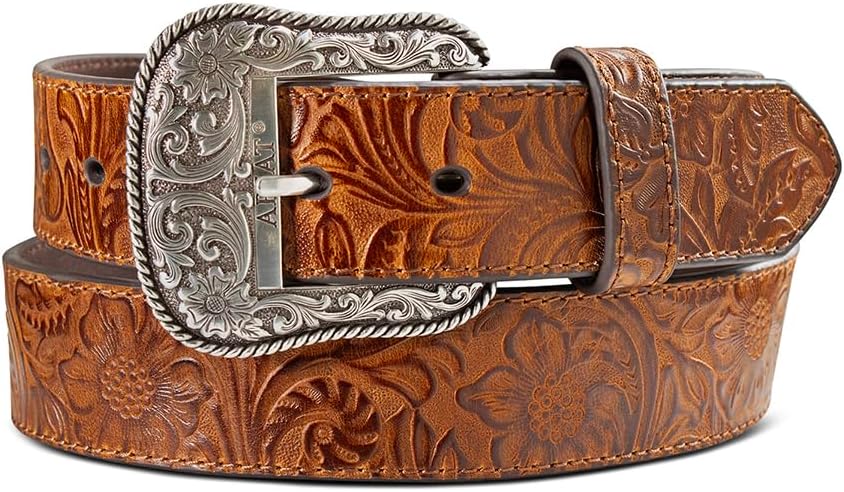 ARIAT Women's Floral Design Leather Belt w/Antique Silver Buckle