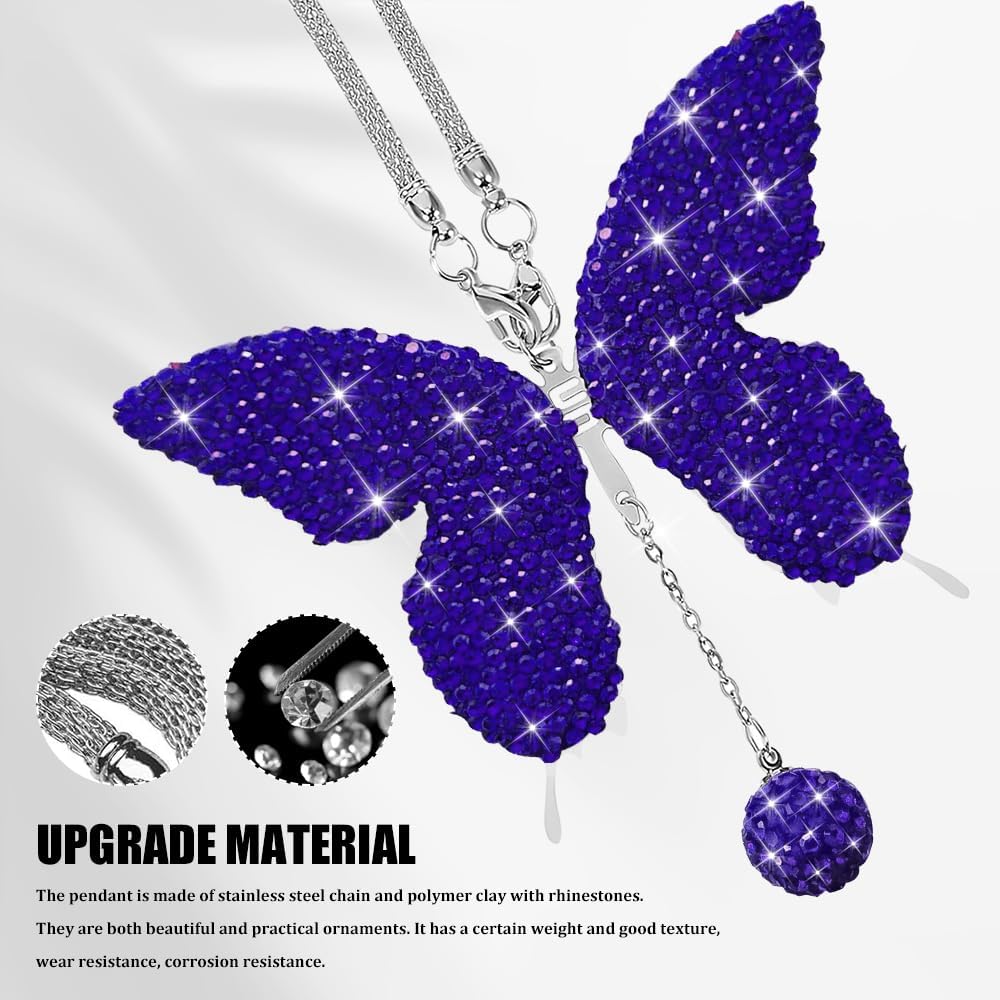 Bling Butterfly Diamond Car Accessories, Car Mirror Hanging Accessories, Crystal Rhinestone Vehicle Rear View Mirror Charms, Lucky Diamond Auto Hanging Ornament Pendant for All Cars (Dark blue) image 3