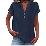 Summer Tops for Women 2025 Trendy Short Sleeve Cotton Linen Tops Button up Henley V Neck Shirts Vacation Beach Clothes