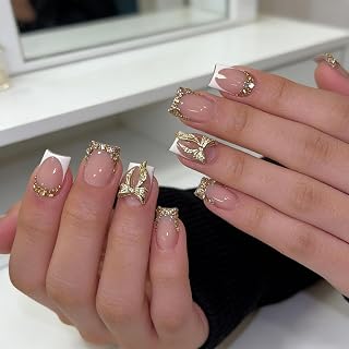 24er-Pack Französische Press On Nägel Kurz – Quadratische Fake Nägel mit Weiß-Nude Basis, Goldenem 3D-Schleifendekor & Strass für Frauen (French Tip Design)