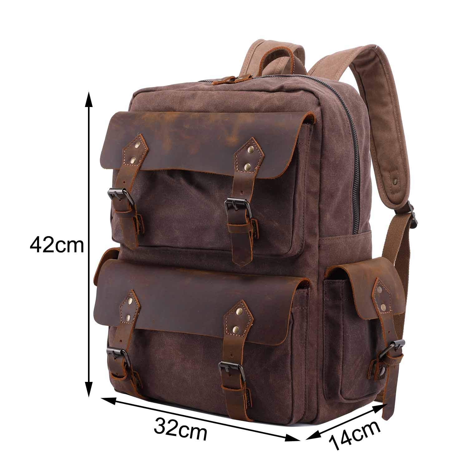 Neuleben Wasserdicht Canvas Leder Rucksack Herren Wanderrucksack Damen Schulrucksack Vintage 15.6 Zoll Laptop Rucksäcke Daypack für Wandern Schule Outdoor Alltag